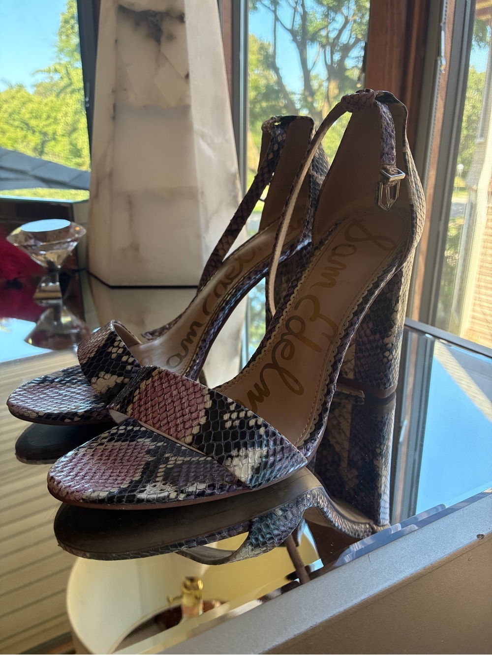 Sam Edelman Pink and Brown Snake-Print Block Heel Sandals